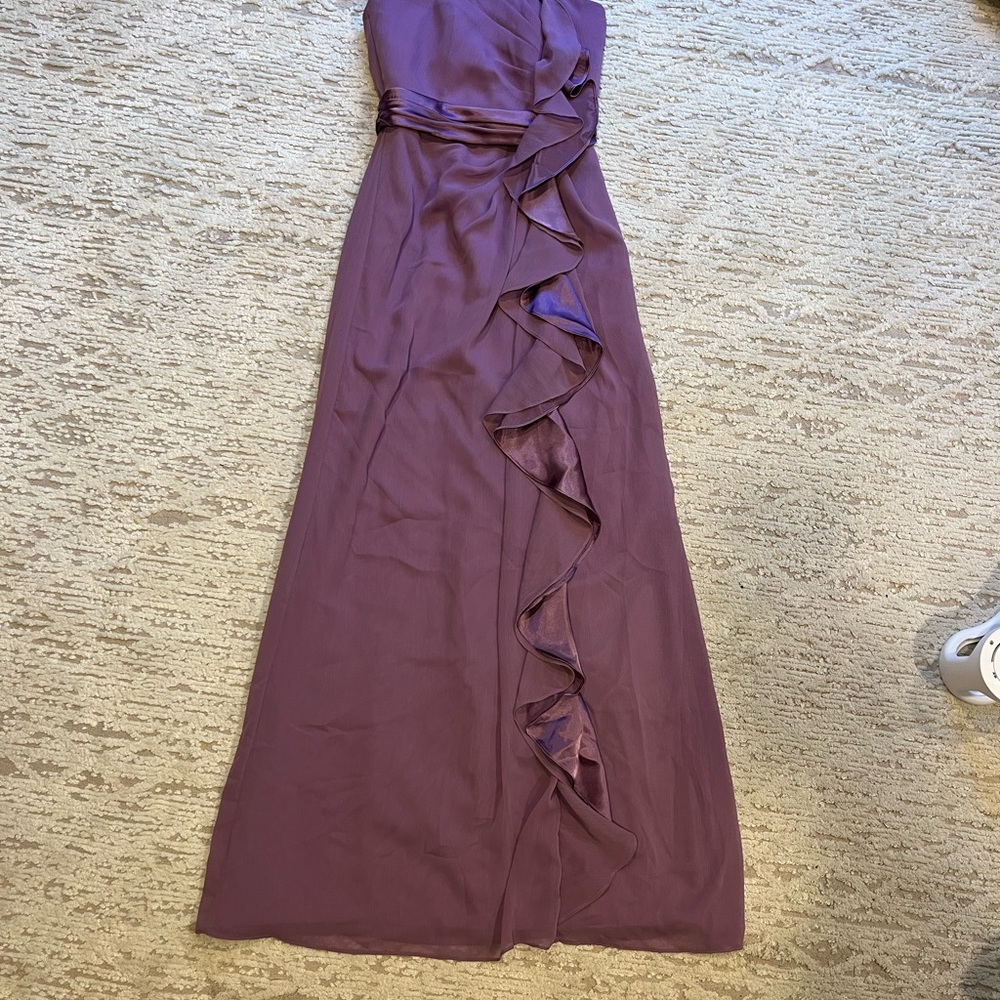David's Bridal Wisteria Purple Ruffled Strapless Gown